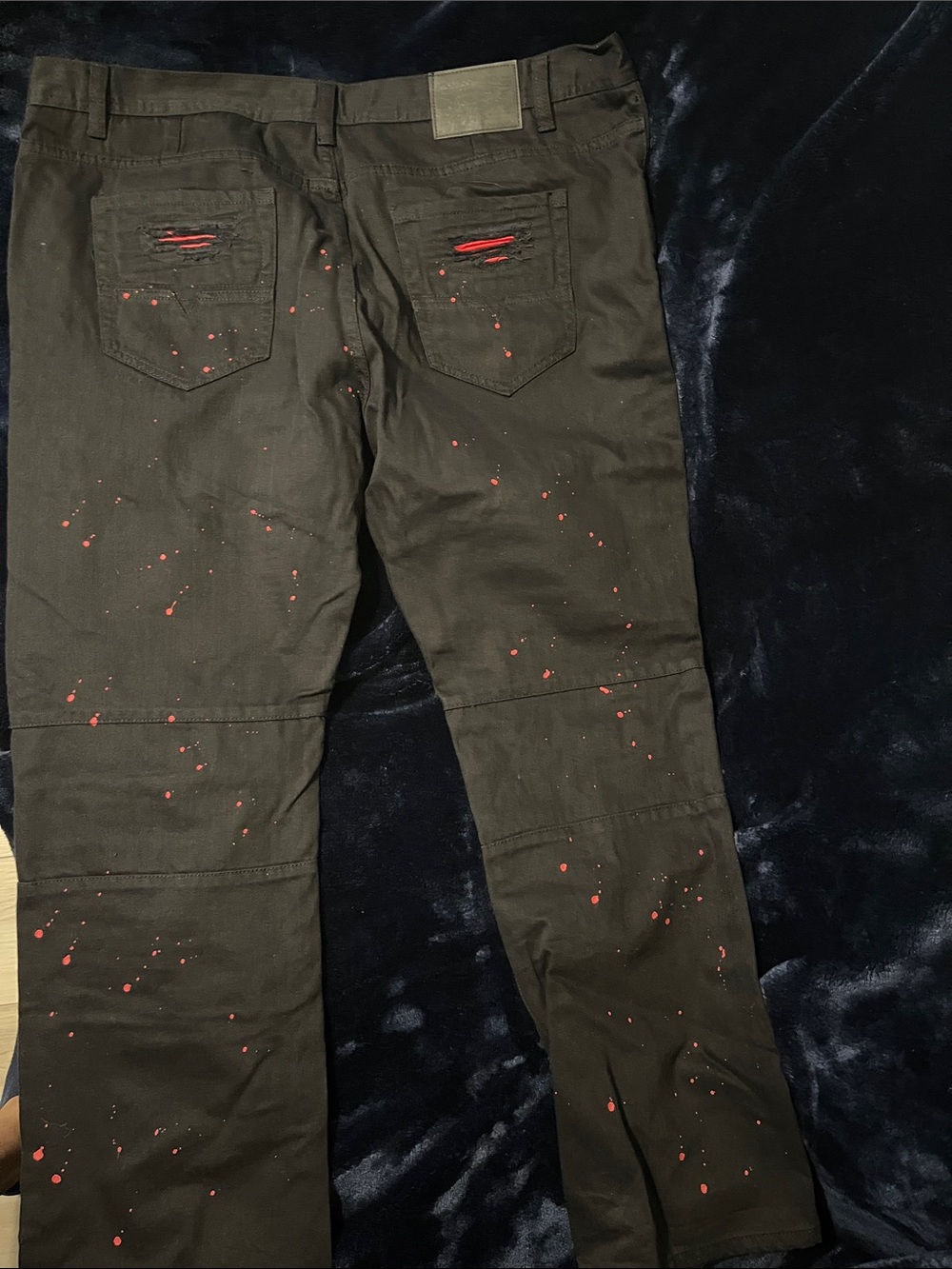 Men's Black Pants with Red Underlay and Distressed Accents - Picture 3 of 4